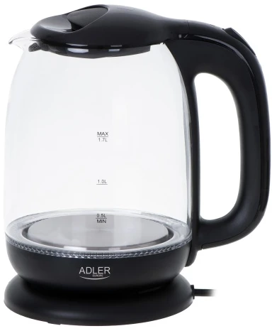 Adler AD 1311 juodas Elektrinis virdulys stiklinis 1,7 l, 2200 w, pašvietimas led, obrotowa podstawa 360°, automatyczne wyłączanie