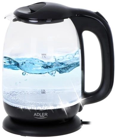Adler AD 1311 juodas Elektrinis virdulys stiklinis 1,7 l, 2200 w, pašvietimas led, obrotowa podstawa 360°, automatyczne wyłączanie