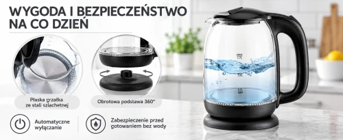 Adler AD 1311 juodas Elektrinis virdulys stiklinis 1,7 l, 2200 w, pašvietimas led, obrotowa podstawa 360°, automatyczne wyłączanie