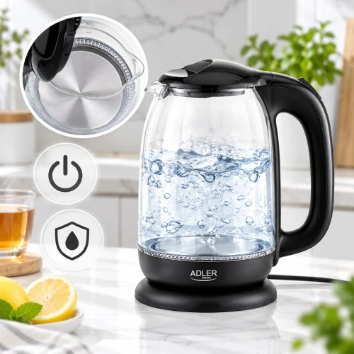 Adler AD 1311 juodas Elektrinis virdulys stiklinis 1,7 l, 2200 w, pašvietimas led, obrotowa podstawa 360°, automatyczne wyłączanie