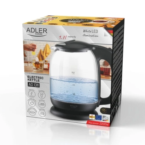 Adler AD 1311 juodas Elektrinis virdulys stiklinis 1,7 l, 2200 w, pašvietimas led, obrotowa podstawa 360°, automatyczne wyłączanie