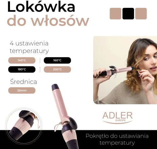 Adler | Curling Iron | AD 2117 | Ceramic heating system | Barrel diameter 25 mm | Temperature (max) 200 °C | 45 W | Juodas/Rožinė