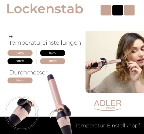 Adler | Curling Iron | AD 2117 | Ceramic heating system | Barrel diameter 25 mm | Temperature (max) 200 °C | 45 W | Juodas/Rožinė