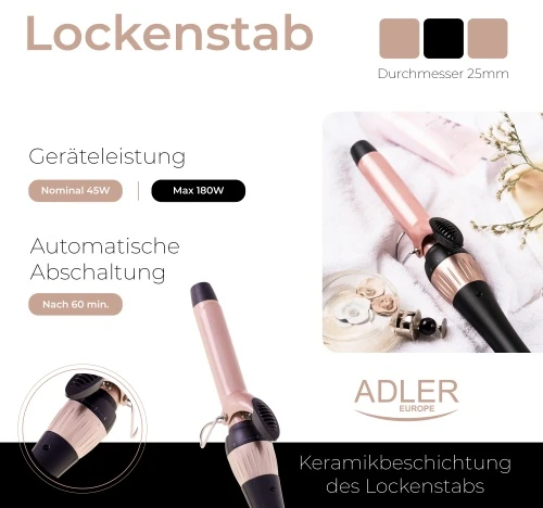 Adler | Curling Iron | AD 2117 | Ceramic heating system | Barrel diameter 25 mm | Temperature (max) 200 °C | 45 W | Juodas/Rožinė