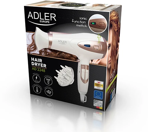 Adler | Plaukų džiovintuvas | AD 2248 | 2400 W | Number of temperature settings 3 | Ionic function | Diffuser nozzle | Baltas
