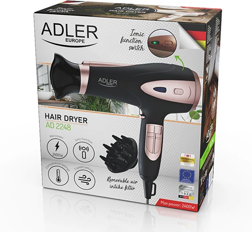 Adler AD 2248b ION plaukų džiovintuvas - 2200W + difuzorius, juodos/rožinės spalvos