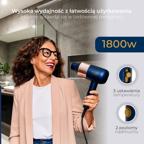 Adler Plaukų džiovintuvas | AD 2280 | 1800 W | Number of temperature settings 3 | Mėlyna/Gold