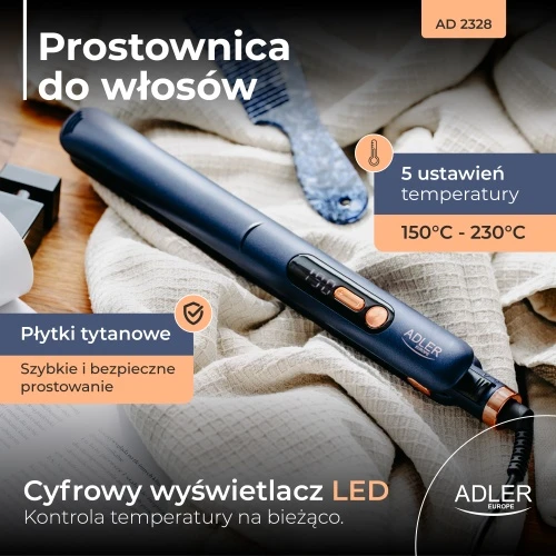 Adler AD 2328 Plaukų tiesinimo žnyplės | płytki tytanowe | regulacja temperatury 150-230°c