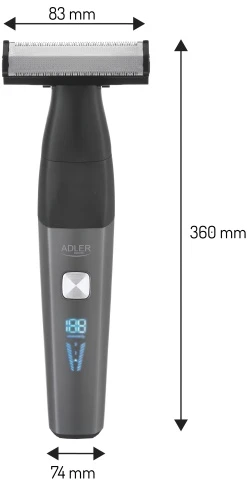 Adler AD 2963 Kūno plaukų kirpimo mašinėlė su ilga sulankstoma rankena, USB, platus dvišalis peilis 68 mm, 2 greičiai, neperšlapiamas, LED