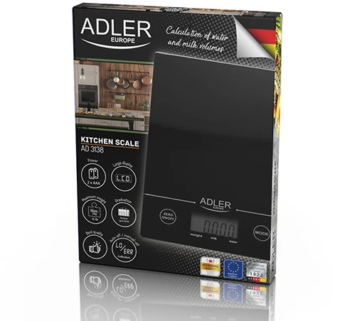 Adler | Virtuvinės svarstyklės | Adler AD 3138 | Maksimalus svoris (talpa) 5kg | Graduacija 1 g | Ekrano tipo LCD | Juodas