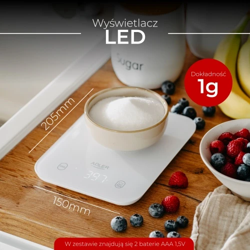 Virtuvinės svarstyklės Adler virtuvės svarstyklės | AD 3181w | Graduacija 1 g | Ekrano tipo LED | Baltas