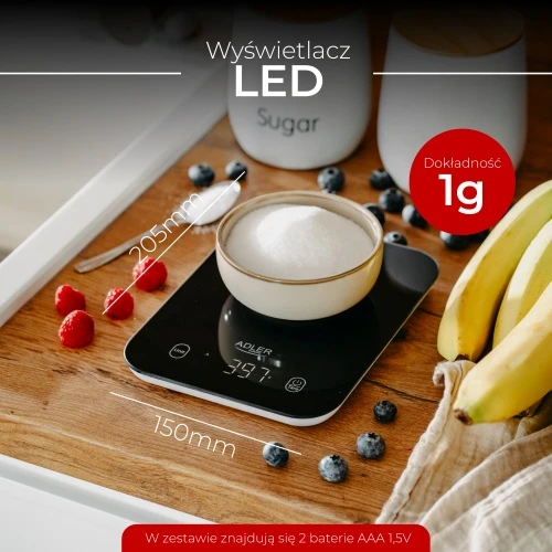 Virtuvinės svarstyklės Adler Kitchen Scale | AD 3181b | Graduation 1 g | Ekranas type LED | Juodas