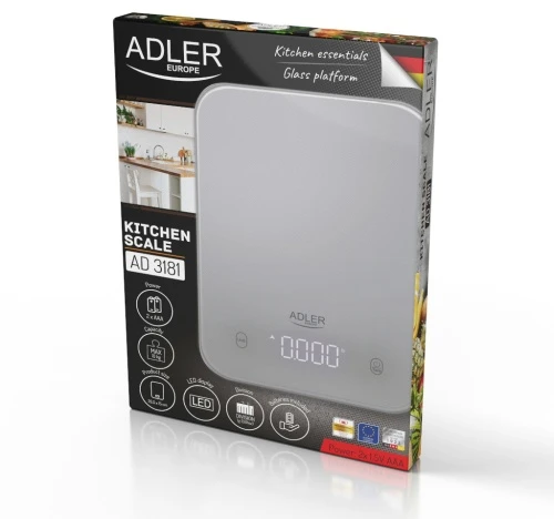 Virtuvinės svarstyklės Adler virtuvės svarstyklės | AD 3181g | Graduacija 1 g | Ekrano tipo LED | Pilkas