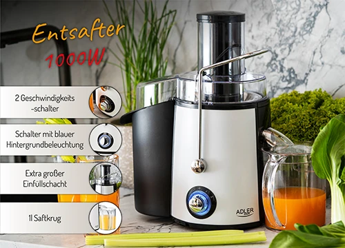 Sulčiaspaudė Adler | Juicer | AD 4128 | Type Juicer maker | Matt Juodas/Baltas | 1000 W | Greičių skaičius 2