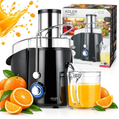 Adler AD 4133 Sulčiaspaudė 1000 w, galingumas maksymalna 2000 w, 2 prędkości, otwór 75 mm, sitko ze stali nierdzewnej, dzbanek 1 l, indas na miąższ 2 l, bez bpa