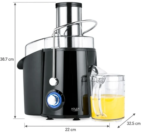 Adler AD 4133 Sulčiaspaudė 1000 w, galingumas maksymalna 2000 w, 2 prędkości, otwór 75 mm, sitko ze stali nierdzewnej, dzbanek 1 l, indas na miąższ 2 l, bez bpa