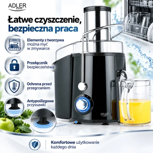 Adler AD 4133 Sulčiaspaudė 1000 w, galingumas maksymalna 2000 w, 2 prędkości, otwór 75 mm, sitko ze stali nierdzewnej, dzbanek 1 l, indas na miąższ 2 l, bez bpa