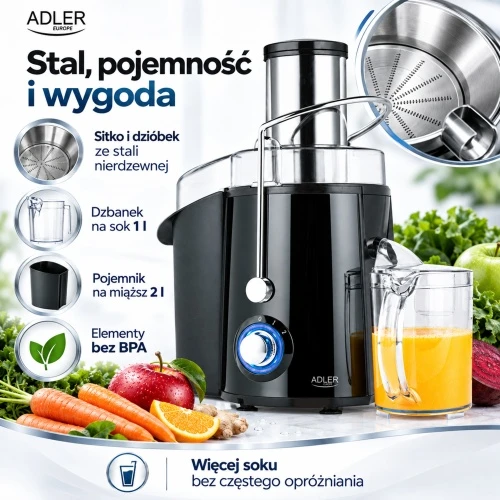Adler AD 4133 Sulčiaspaudė 1000 w, galingumas maksymalna 2000 w, 2 prędkości, otwór 75 mm, sitko ze stali nierdzewnej, dzbanek 1 l, indas na miąższ 2 l, bez bpa