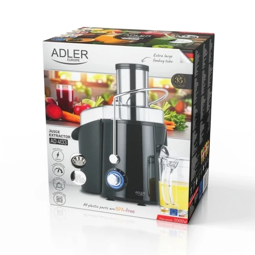 Adler AD 4133 Sulčiaspaudė 1000 w, galingumas maksymalna 2000 w, 2 prędkości, otwór 75 mm, sitko ze stali nierdzewnej, dzbanek 1 l, indas na miąższ 2 l, bez bpa