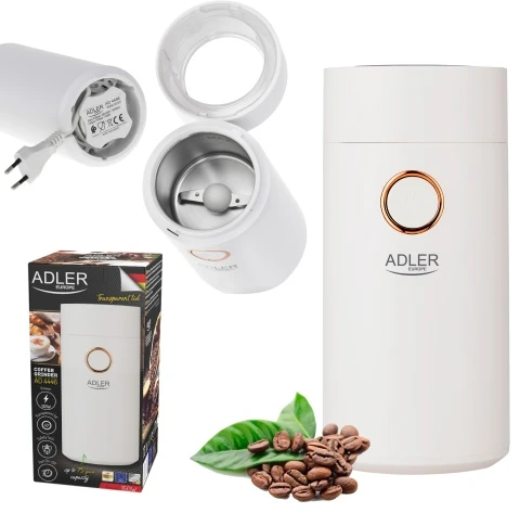 Kavamalė Adler | Kavos malūnėlis | AD4446wg | 150 W | Kavos pupelių talpa 75 g | Dangčio apsauginis jungiklis | Baltas