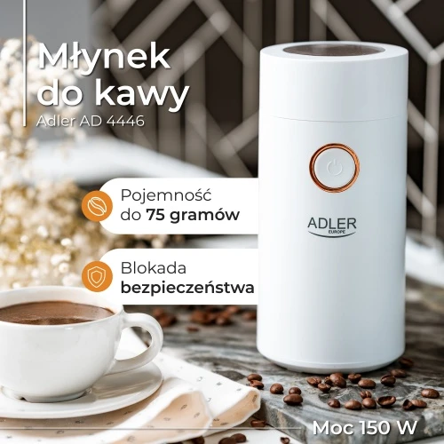Kavamalė Adler | Kavos malūnėlis | AD4446wg | 150 W | Kavos pupelių talpa 75 g | Dangčio apsauginis jungiklis | Baltas