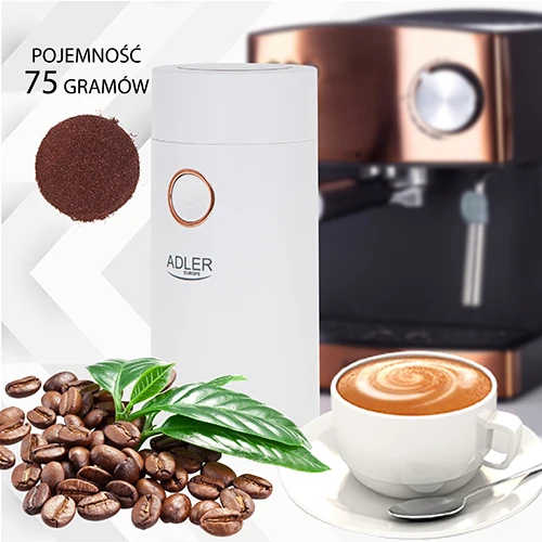 Kavamalė Adler | Kavos malūnėlis | AD4446wg | 150 W | Kavos pupelių talpa 75 g | Dangčio apsauginis jungiklis | Baltas