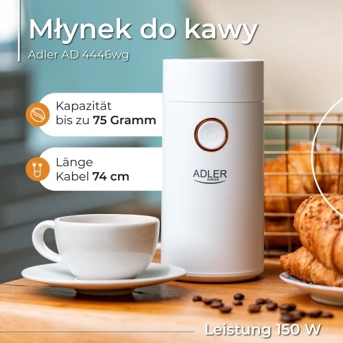 Kavamalė Adler | Kavos malūnėlis | AD4446wg | 150 W | Kavos pupelių talpa 75 g | Dangčio apsauginis jungiklis | Baltas