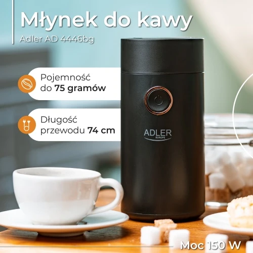 Kavamalė Adler | Kavos malūnas | AD 4446bg | 150 W | Kavos pupelių talpa 75 g | Juodas