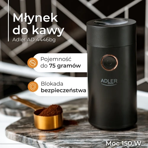 Kavamalė Adler | Kavos malūnas | AD 4446bg | 150 W | Kavos pupelių talpa 75 g | Juodas