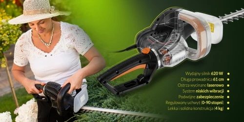 Adler AD 6814 elektrinės gyvatvorių žirklės | Ašmenų ilgis 61 cm | Lazeriu pjaustyti ašmenys | Komplektas su priedais