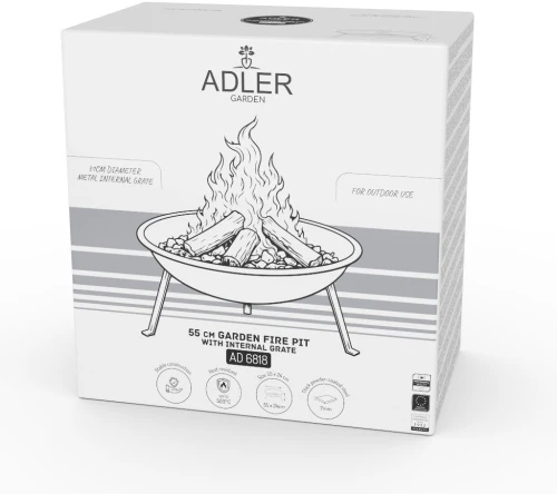 Adler AD 6818 Lauko židinys 55 cm su grotelėmis, plieno židinys malkoms ir briketams, atsparumas iki 500°C,
