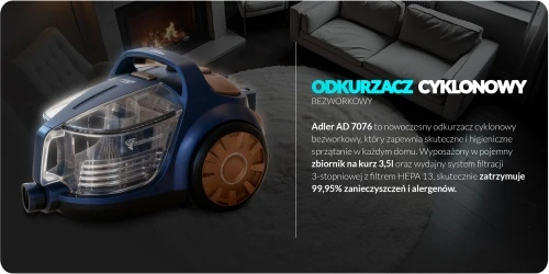 „Adler Cyclone“ dulkių siurblys | AD 7076 | Be maišelio | Galia 3000 W | Dulkių talpa 3,5 l | Violetinis