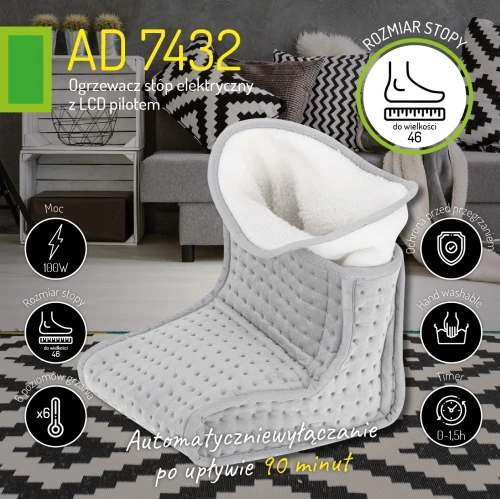 Adler | Pėdų šildytuvas su LCD valdikliu | AD 7432 | Šildymo lygių skaičius 4 | Asmenų skaičius 1 | Skalbiamas | Nuotolinio valdymo pultas | Išorinis audinys: minkštas pliušas ir kempinė. Vidinis audinys: nuimamas sintetinės vilnos pamušalas | 140 W | Pilkas
