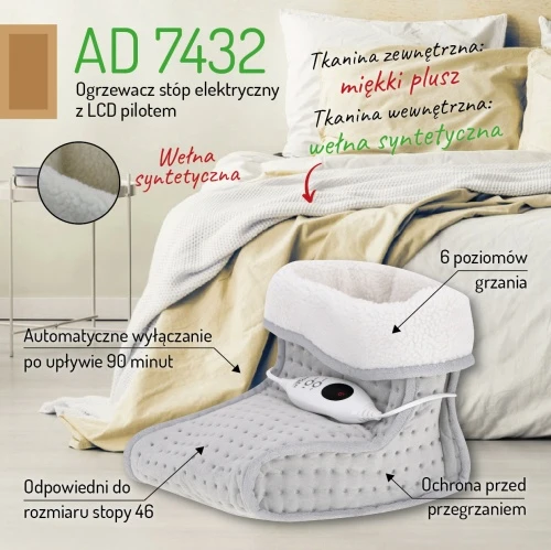 Adler | Pėdų šildytuvas su LCD valdikliu | AD 7432 | Šildymo lygių skaičius 4 | Asmenų skaičius 1 | Skalbiamas | Nuotolinio valdymo pultas | Išorinis audinys: minkštas pliušas ir kempinė. Vidinis audinys: nuimamas sintetinės vilnos pamušalas | 140 W | Pilkas