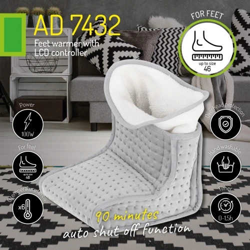 Adler | Pėdų šildytuvas su LCD valdikliu | AD 7432 | Šildymo lygių skaičius 4 | Asmenų skaičius 1 | Skalbiamas | Nuotolinio valdymo pultas | Išorinis audinys: minkštas pliušas ir kempinė. Vidinis audinys: nuimamas sintetinės vilnos pamušalas | 140 W | Pilkas