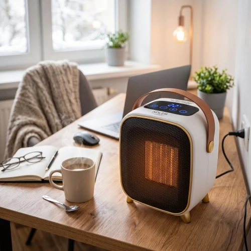 Adler AD 7762 Keraminis šildytuvas su ventiliatoriumi 1000 W, elektrinis šildytuvas su LED, 2 šildymo lygiai 700/1000 W, laikmatis iki 12 h, termostatas 15–45 °C, šalto oro pūtimas