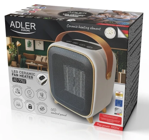 Adler AD 7762 Keraminis šildytuvas su ventiliatoriumi 1000 W, elektrinis šildytuvas su LED, 2 šildymo lygiai 700/1000 W, laikmatis iki 12 h, termostatas 15–45 °C, šalto oro pūtimas