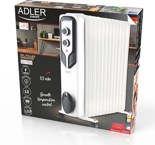 Adler | Alyva užpildytas radiatorius | AD 7818 | Alyva užpildytas radiatorius | 2500 W | Galios lygių skaičius 3 | Baltas
