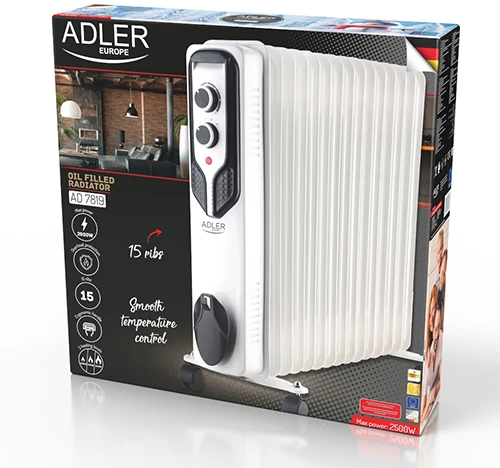 Adler | Alyva užpildytas radiatorius | AD 7819 | Alyva užpildytas radiatorius | 2500 W | Galios lygių skaičius 3 | Baltas