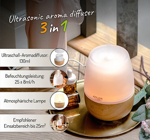 Drėkintuvas Adler | Ultragarsinis aromatų difuzorius | AD 7967 | Ultragarsinis | Tinka kambariams iki 25 m² | Brownas/Baltas