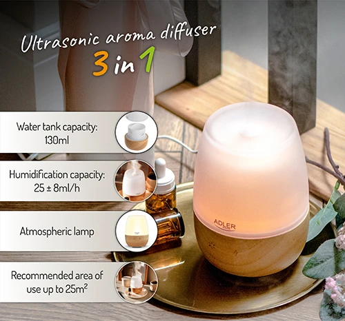 Drėkintuvas Adler | Ultragarsinis aromatų difuzorius | AD 7967 | Ultragarsinis | Tinka kambariams iki 25 m² | Brownas/Baltas
