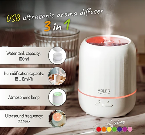 Drėkintuvas Adler | Ultragarsinis aromato difuzorius 3in1 | AD 7968 | Ultragarsinis | Tinka kambariams iki 25 m² | Baltas