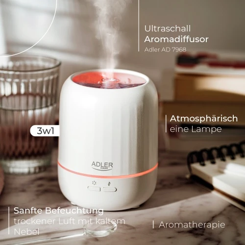 Drėkintuvas Adler | Ultragarsinis aromato difuzorius 3in1 | AD 7968 | Ultragarsinis | Tinka kambariams iki 25 m² | Baltas