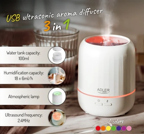 Drėkintuvas Adler | Ultragarsinis aromato difuzorius 3in1 | AD 7968 | Ultragarsinis | Tinka kambariams iki 25 m² | Baltas