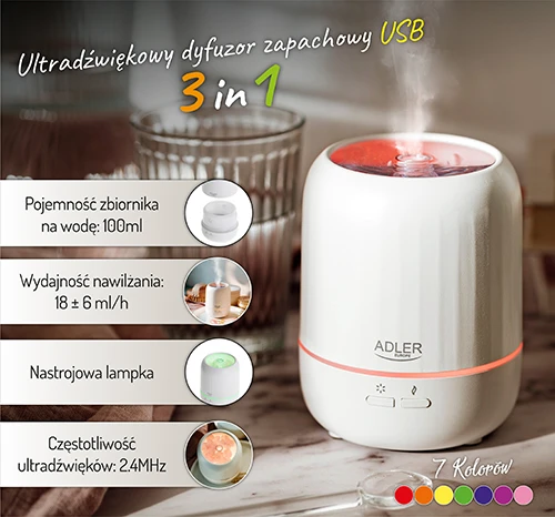 Drėkintuvas Adler | Ultragarsinis aromato difuzorius 3in1 | AD 7968 | Ultragarsinis | Tinka kambariams iki 25 m² | Baltas