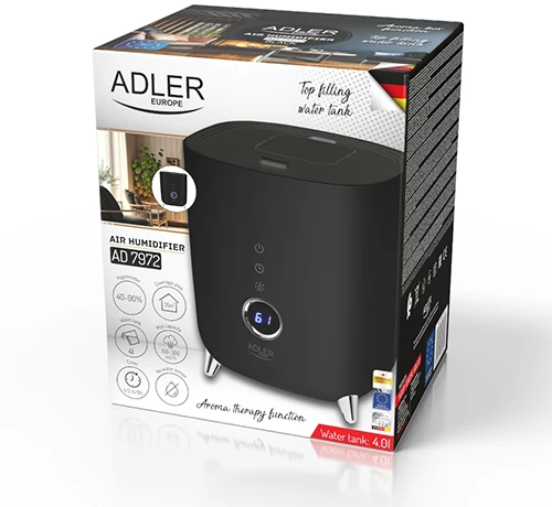 Adler | AD 7972 | Drėkintuvas | 23 W | Vanduo bako talpa 4 L | Tinka kambariams iki 35 m² | Ultragarsinis | Drėkinimo pajėgumas 150-300 ml/val | Juodas