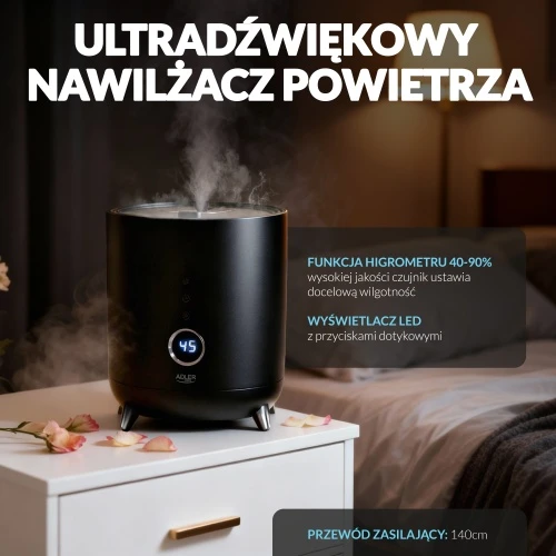 Adler | AD 7972 | Drėkintuvas | 23 W | Vanduo bako talpa 4 L | Tinka kambariams iki 35 m² | Ultragarsinis | Drėkinimo pajėgumas 150-300 ml/val | Juodas