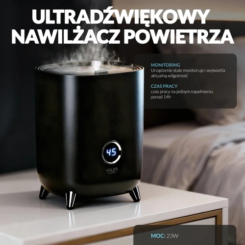 Adler | AD 7972 | Drėkintuvas | 23 W | Vanduo bako talpa 4 L | Tinka kambariams iki 35 m² | Ultragarsinis | Drėkinimo pajėgumas 150-300 ml/val | Juodas
