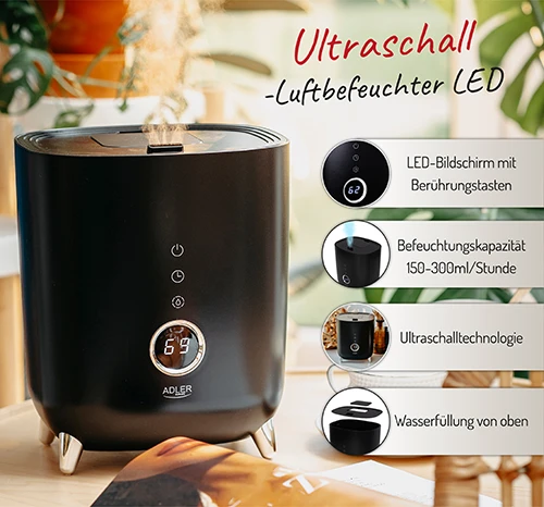 Adler | AD 7972 | Drėkintuvas | 23 W | Vanduo bako talpa 4 L | Tinka kambariams iki 35 m² | Ultragarsinis | Drėkinimo pajėgumas 150-300 ml/val | Juodas