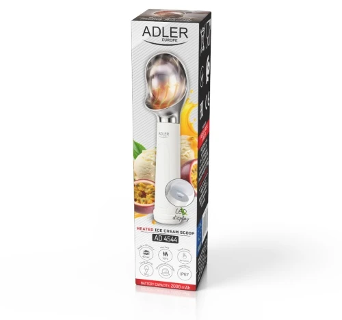 „Adler Europe AD 4544“ šildomas ledų šaukštelis, elektrinis ledų šaukštelis su LED, USB-C, rankenos jutikliu, 70 °C, 50 porcijų vienu įkrovimu
